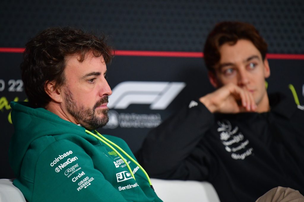 George Russell and Fernando Alonso at the 2025 Las Vegas Grand Prix. Credit: Gary A. Vasquez-Imagn Images