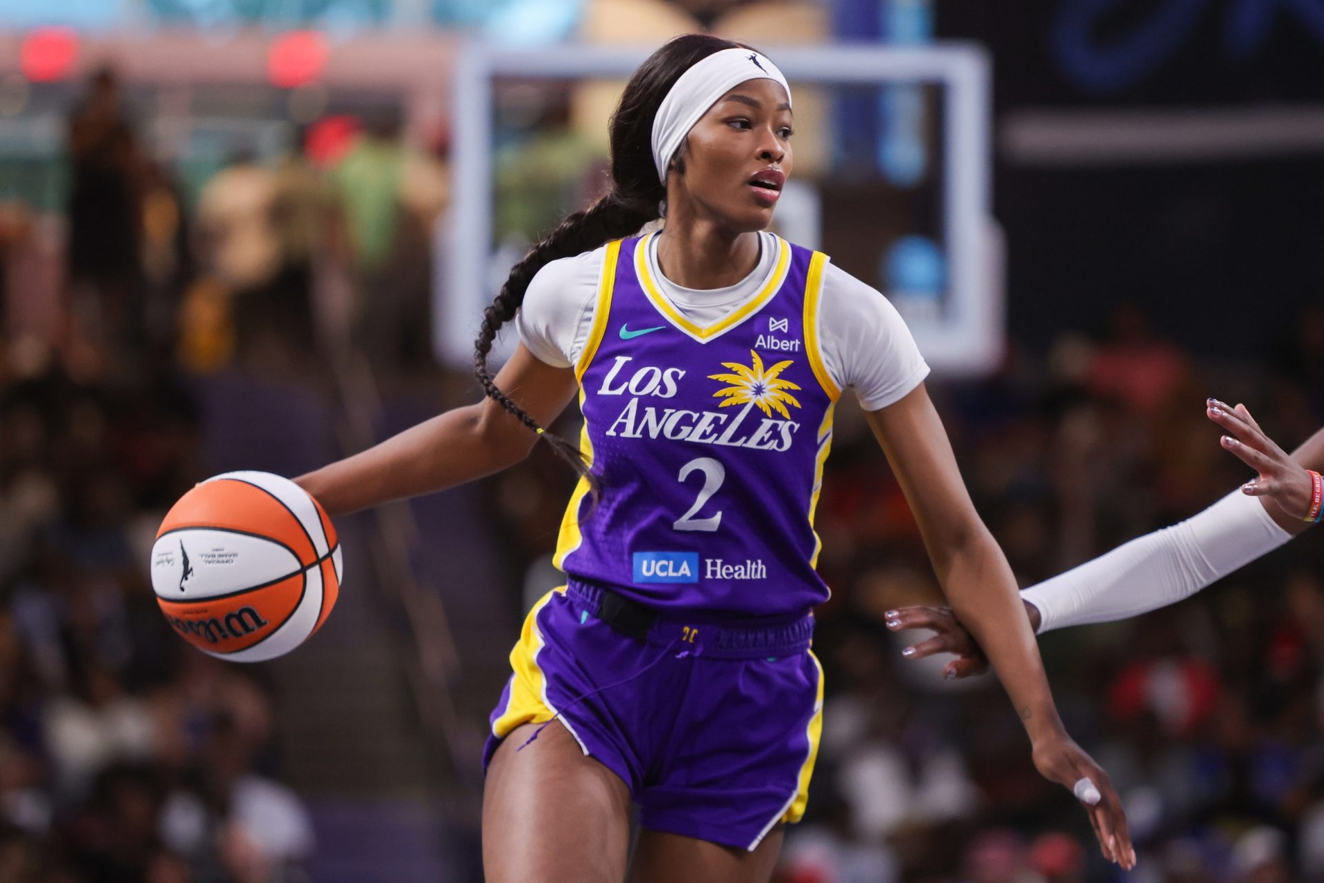 Los Angeles Sparks forward Rickea Jackson (2) dribbles against the Atlanta Dream in the first quarter at Gateway Center Arena at College Park.