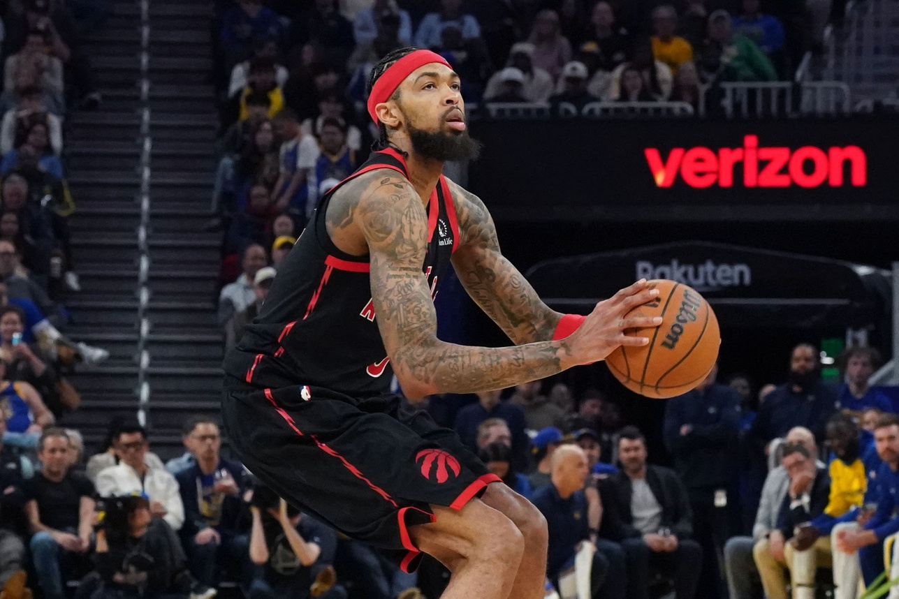 Toronto Raptors forward Brandon Ingram (3) shoots a three-pointer against the Golden State Warriors in the third quarter at Chase Center.