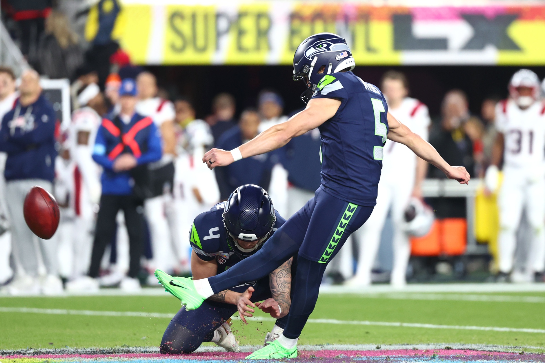 Seattle Seahawks place kicker Jason Myers (5) kicks a field goal against the New England Patriots during the third quarter in Super Bowl LX at Levi's Stadium.