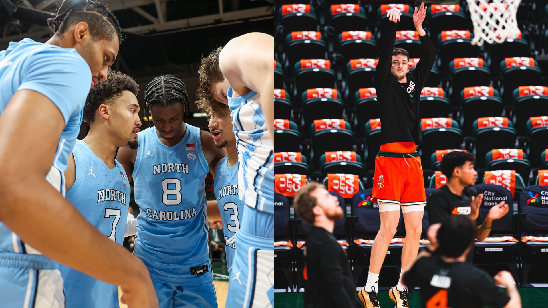 North Carolina Tar Heels versus Miami Hurricanes. - Source: https://www.instagram.com/p/DUmTJB2kT5l/?hl=en&img_index=2, https://www.instagram.com/p/DUmIOJfEQiW/?hl=en&img_index=1