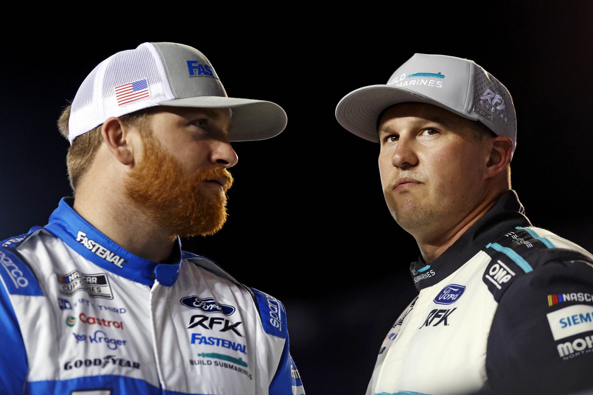 NASCAR Cup Series driver Chris Buescher (17) and NASCAR Cup Series driver Ryan Preece (60) during qualifying for the Daytona 500 at Daytona International Speedway.