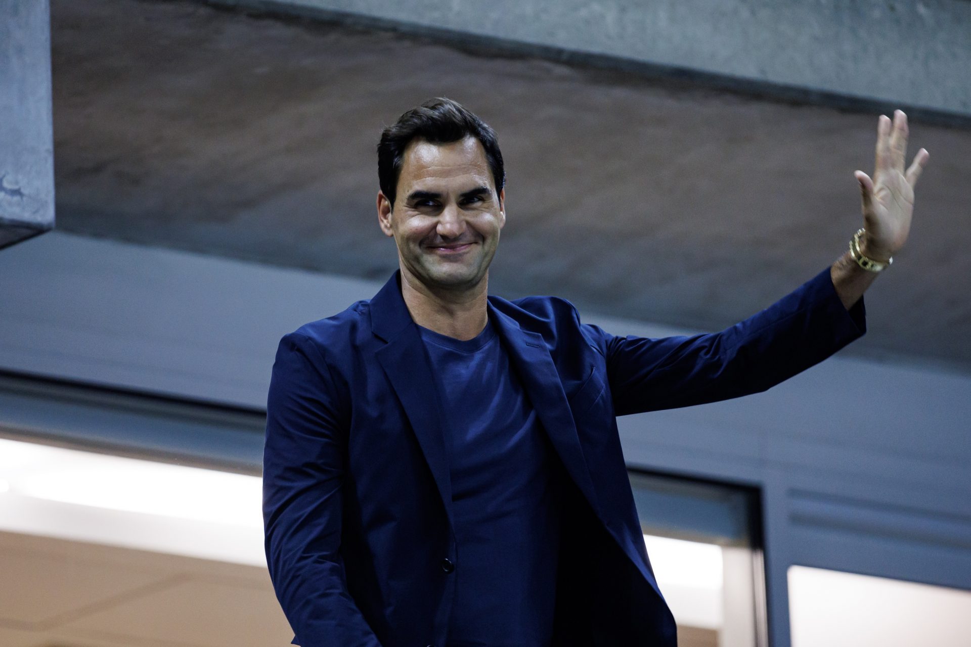 Roger Federer watches Aryna Sabalenka of Russia playing Qinwen Zheng of China on day nine of the U.S. Open tennis tournament at the USTA Billie Jean King National Tennis Center.