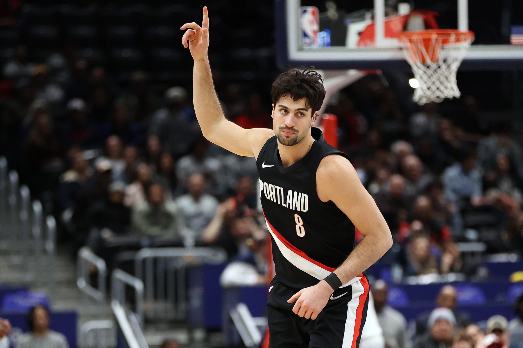Portland Trail Blazers forward Deni Avdija (8) celebrates during the second half against the Washington Wizards at Capital One Arena.