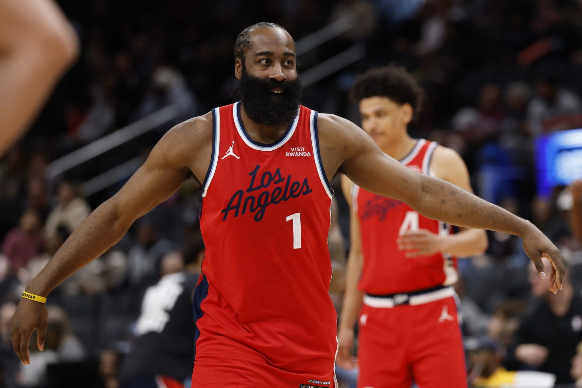 LA Clippers guard James Harden (1) stands on the court prior to the opening tip against the Washington Wizards at Capital One Arena.