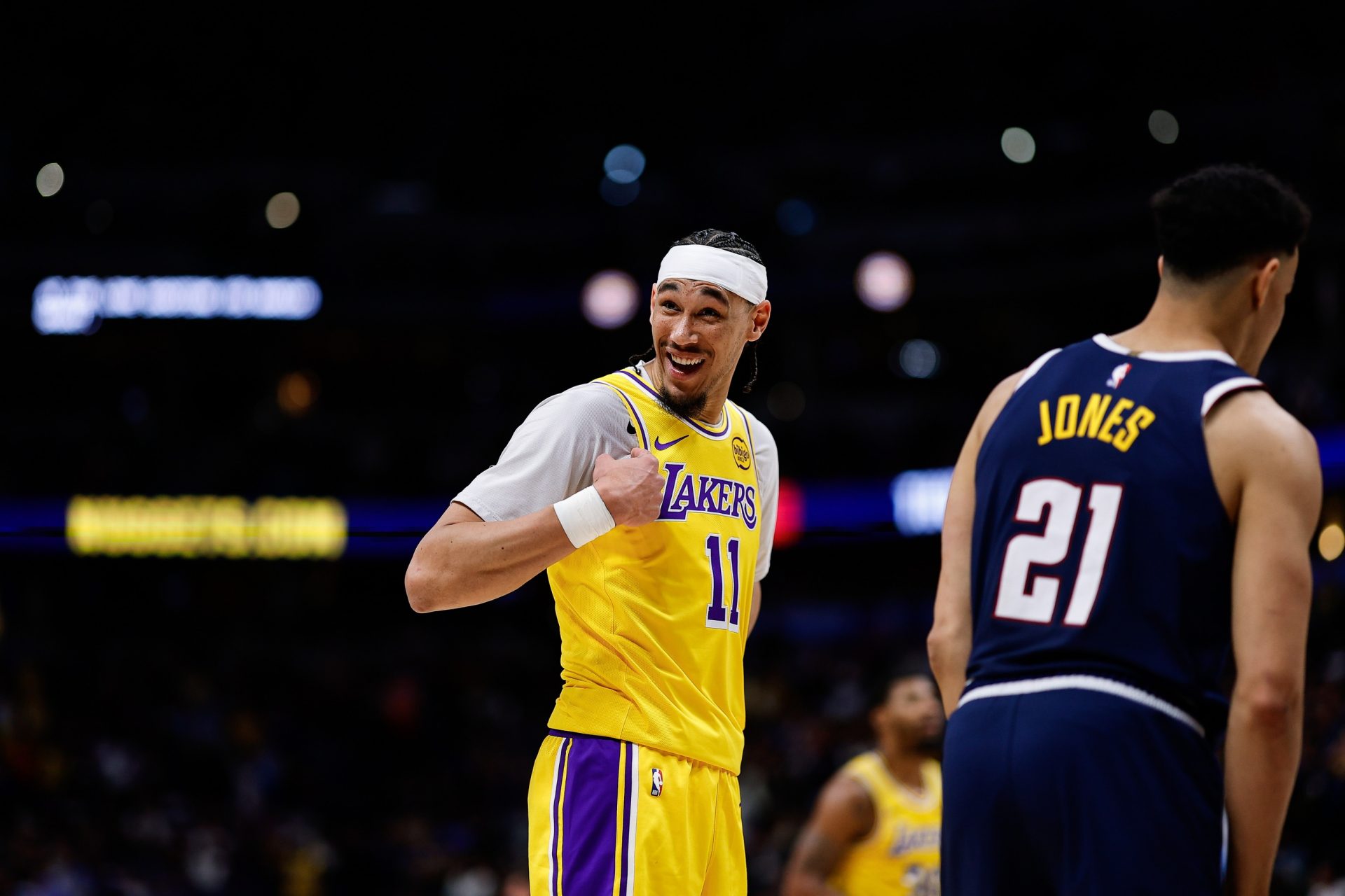 Los Angeles Lakers center Jaxson Hayes (11) reacts towards the Denver Nuggets bench in the fourth quarter at Ball Arena.