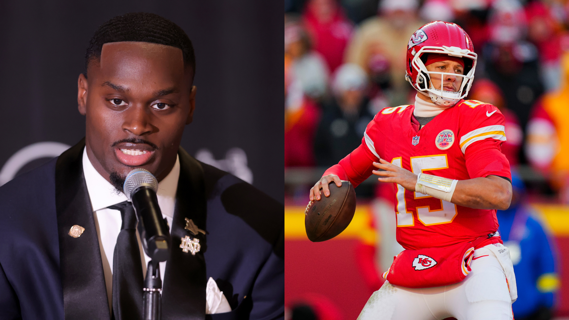 Jeremiyah Love, Patrick Mahomes. Source: Imagn Images