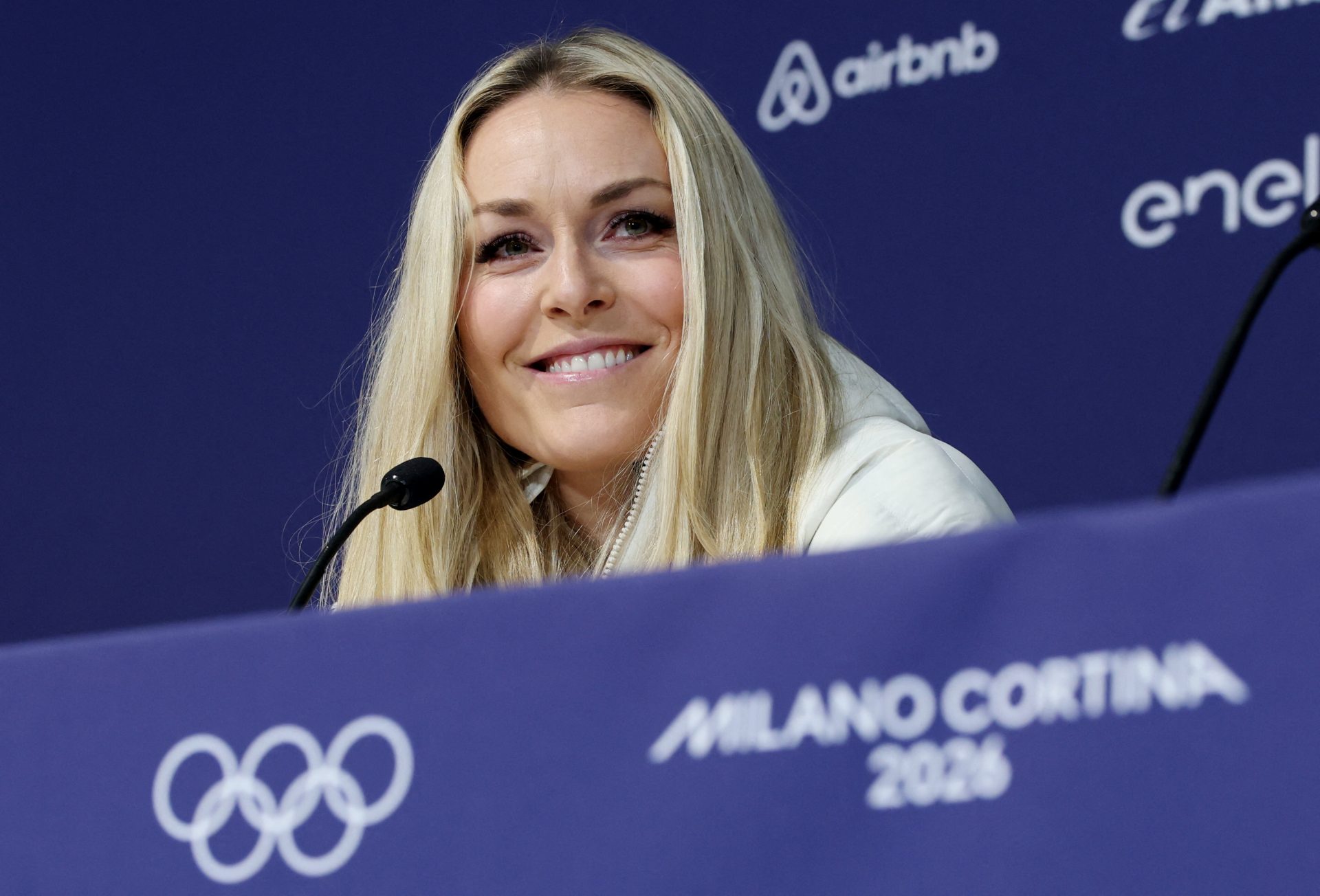 [US, Mexico & Canada customers only] Feb 3, 2026; Cortina d'Ampezzo, ITALY; Lindsey Vonn attends a press conference at a press conference at the Cortina Curling Olympic Stadium in preparation for the Milano Cortina 2026 Olympic Winter Games.