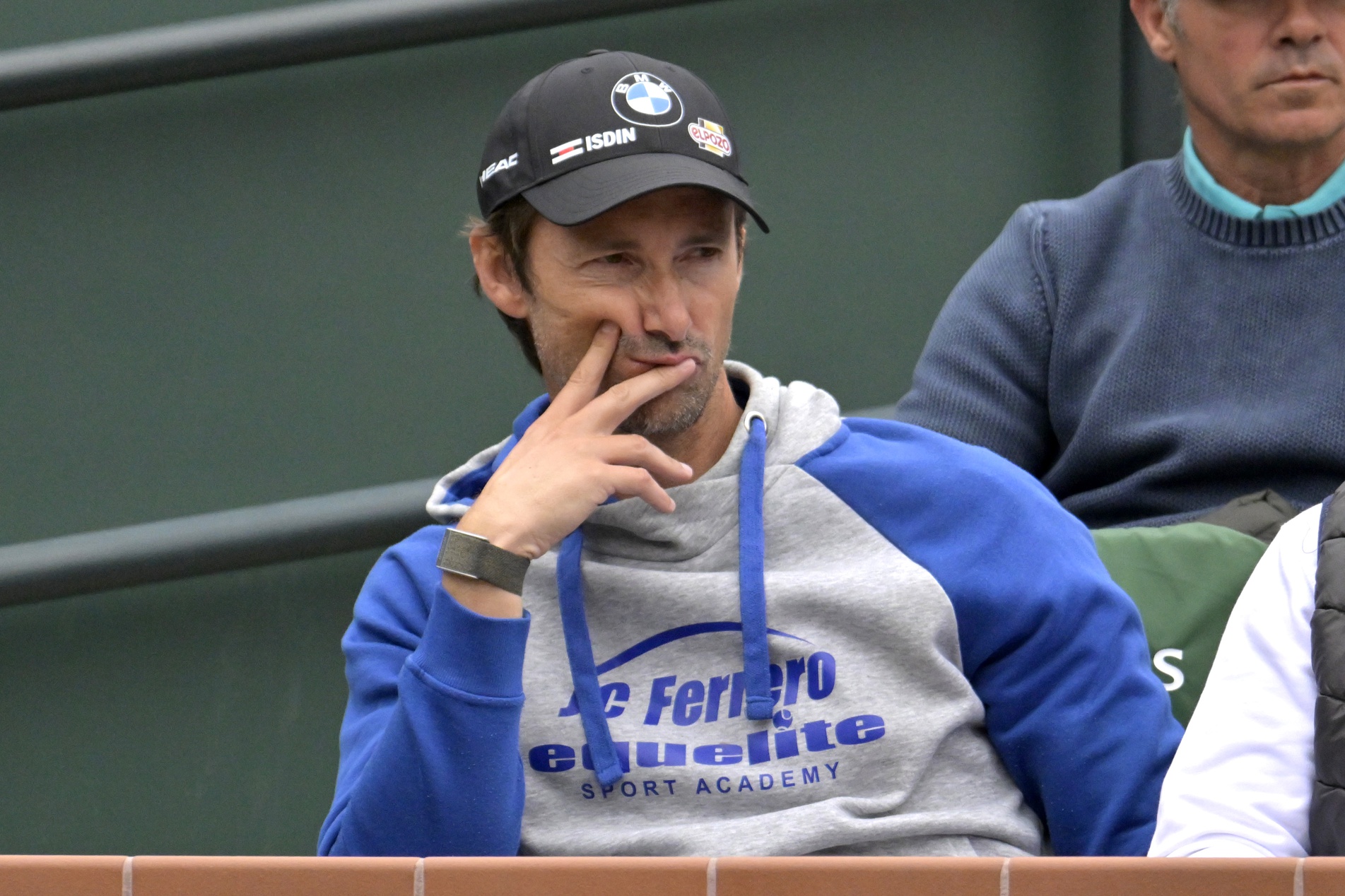 Juan Carlos Ferrero, coach of Carlos Alcaraz (ESP), looks on during the semi-final match against Jannik Sinner (ITA) in the BNP Paribas Open at the Indian Wells Tennis Garden.