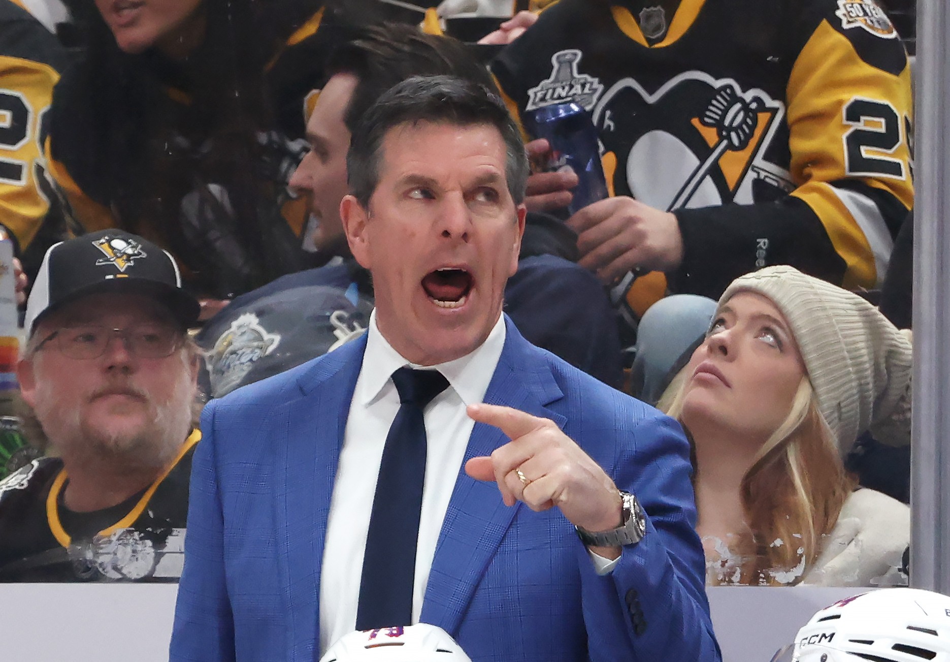 Team USA head coach Mike Sullivan (top) reacts on the bench at PPG Paints Arena.