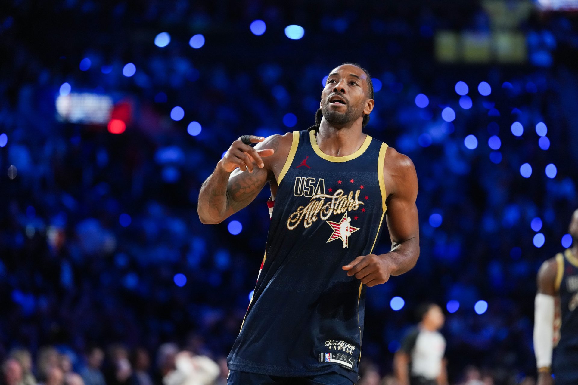 Team USA Stripes forward Kawhi Leonard (2) of the LA Clippers reacts in game three against Team World during the 75th NBA All Star Game at Intuit Dome.