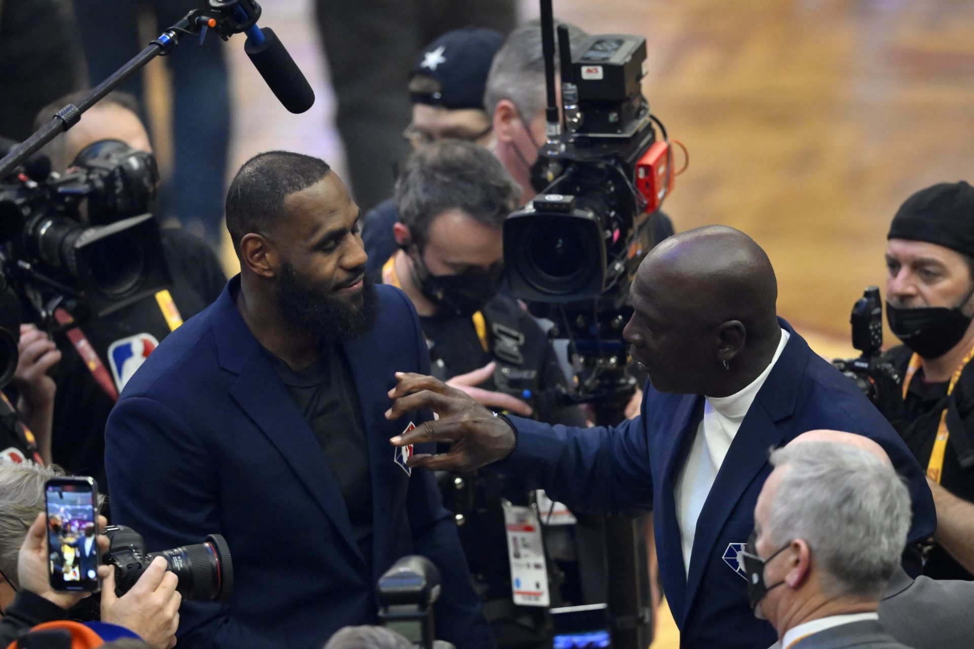 Lebron James and Michael Jordan on court during halftime during the 2022 NBA All-Star Game at Rocket Mortgage FieldHouse - Source - USA TODAY Sports