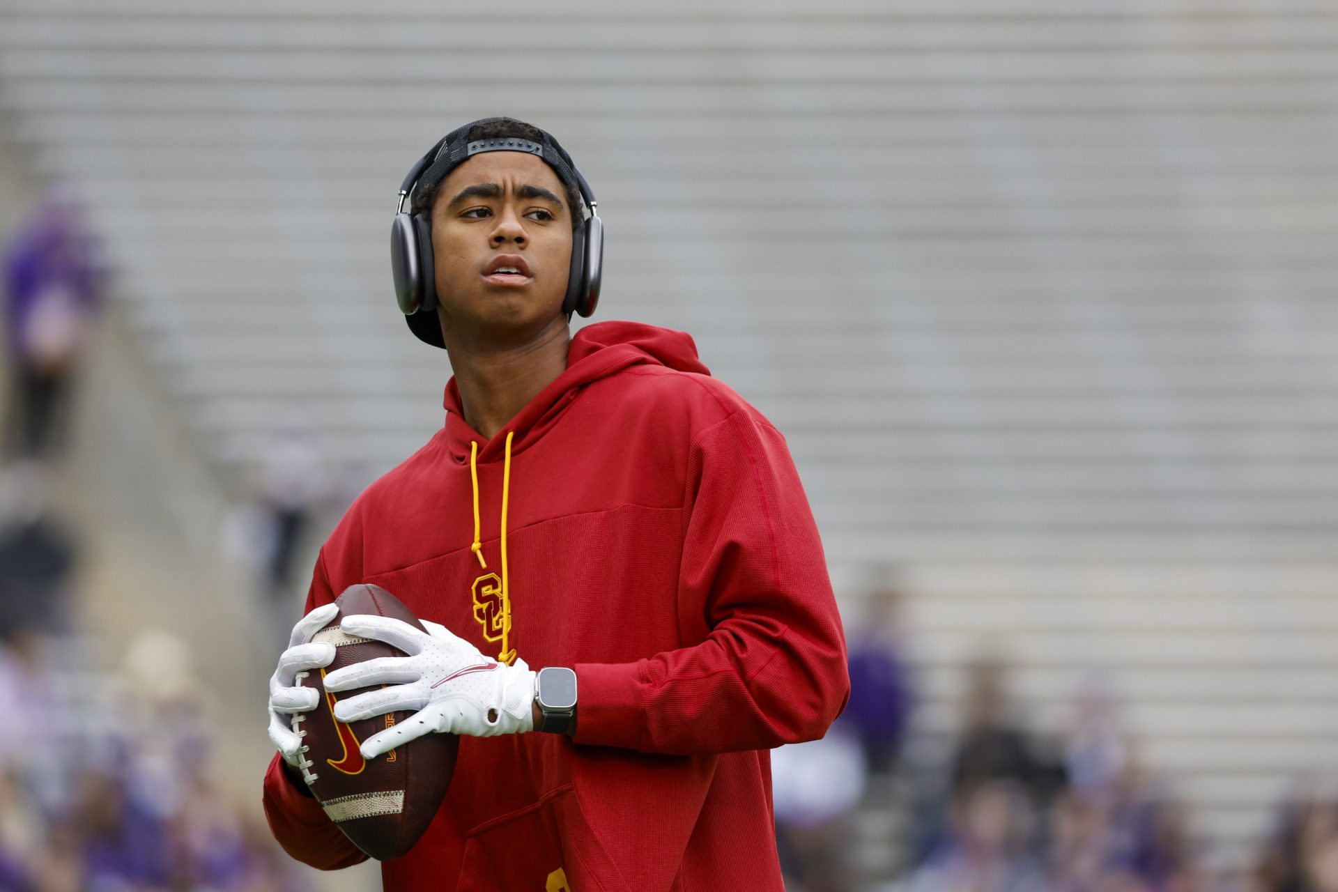 USC Trojans wide receiver Ja'Kobi Lane (8) participates in pregame warmups against the Washington Huskies at Alaska Airlines Field at Husky Stadium.