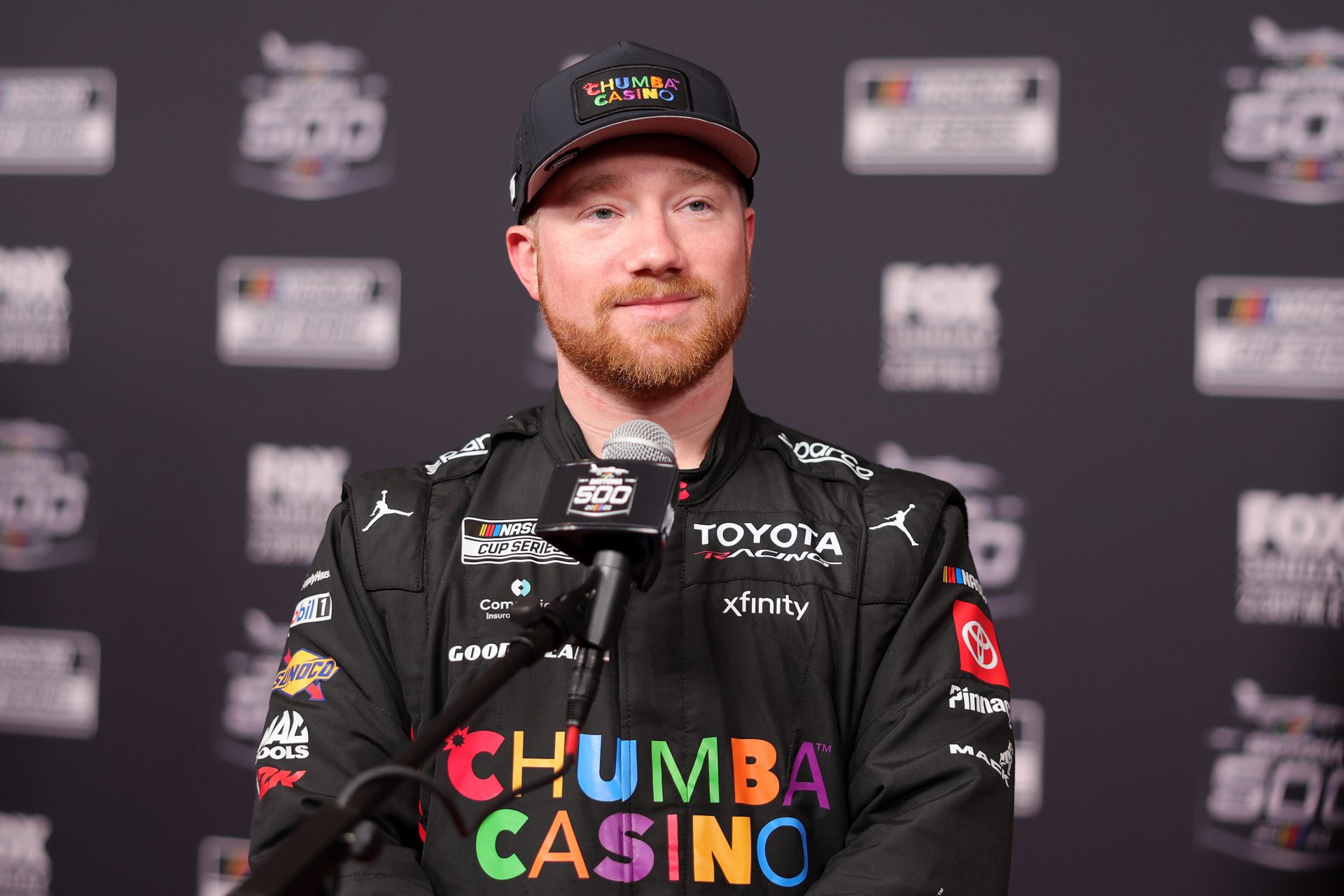 NASCAR Cup Series driver Tyler Reddick (45) speaks to the media during the Daytona 500 Media Day at Daytona International Speedway.
