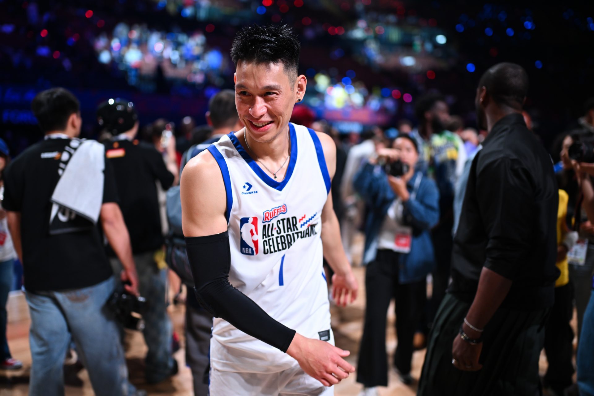 Shams Charania of Team 1 looks on after the NBA All Star Celebrity Game at Kia Forum.