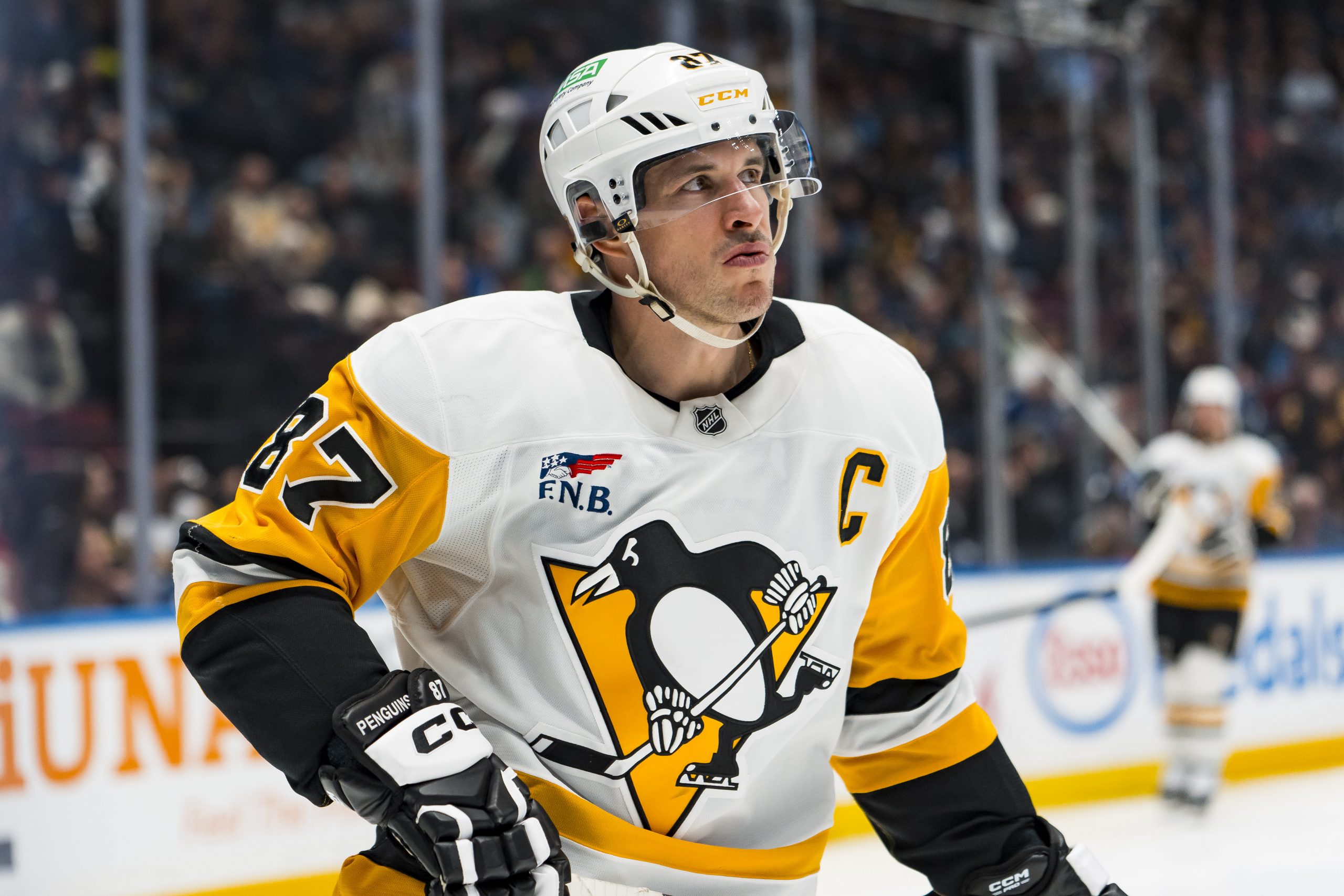 Pittsburgh Penguins forward Sidney Crosby (87) during a stop in play at Rogers Arena.