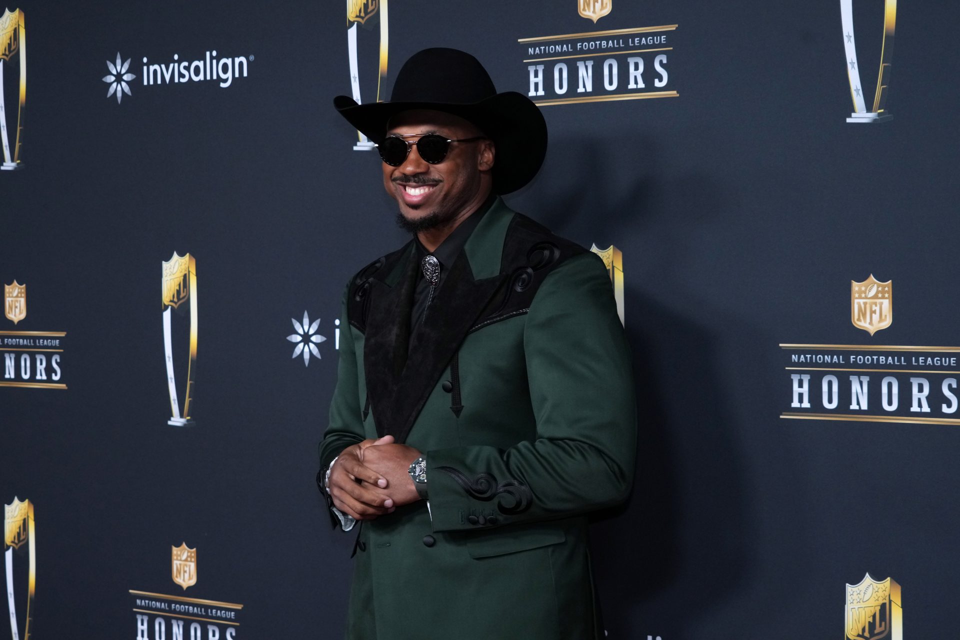 Myles Garrett poses on the NFL Honors Red Carpet before Super Bowl LX. Source: IMAGN