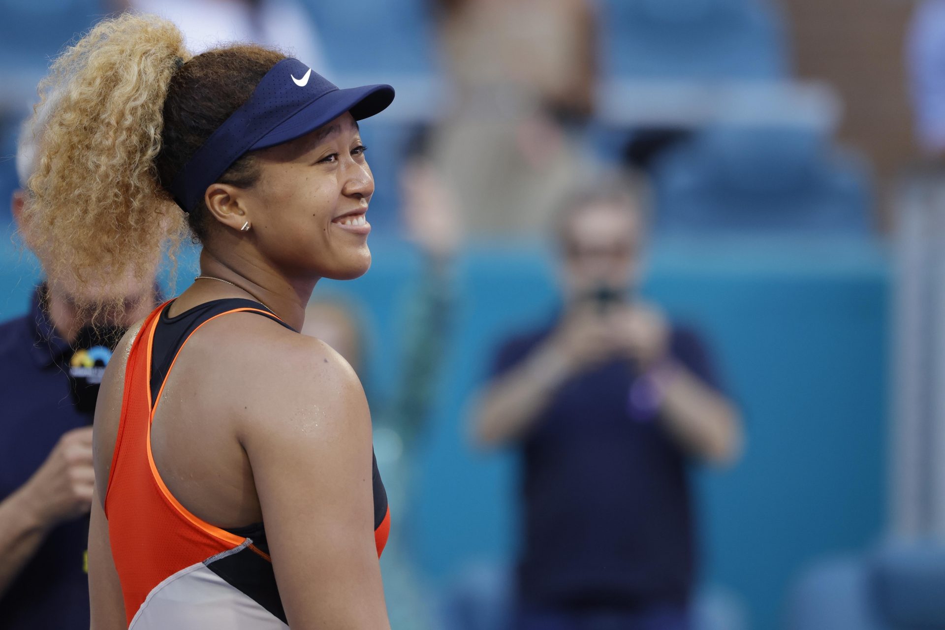Naomi Osaka (JPN) smiles after her match against Belinda Bencic (SUI)(not pictured) in a women's singles semifinal in the Miami Open at Hard Rock Stadium.