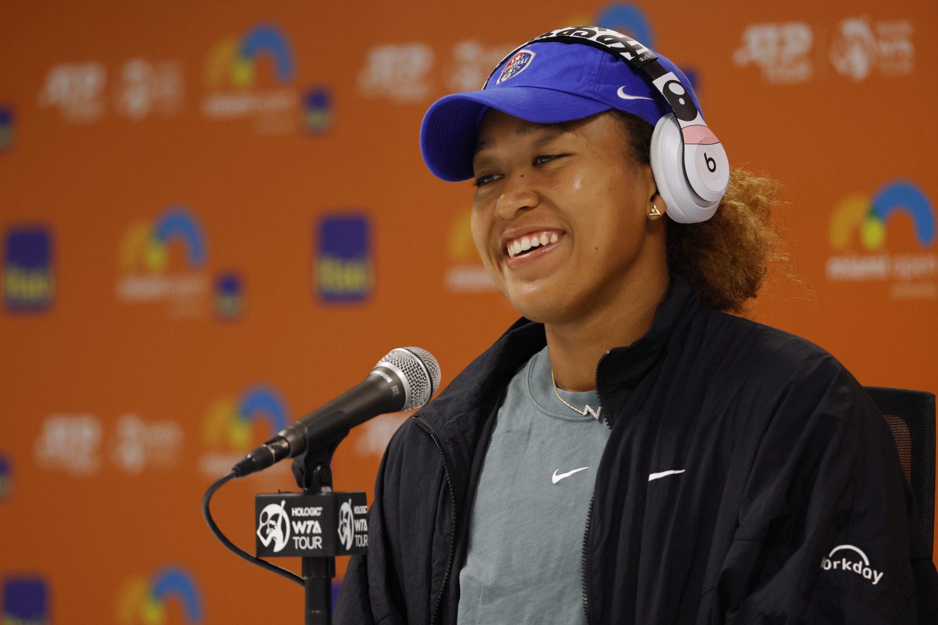 Naomi Osaka (JPN) speaks at a press conference after her match against Belinda Bencic (SUI)(not pictured) in a women's singles semifinal in the Miami Open at Hard Rock Stadium.