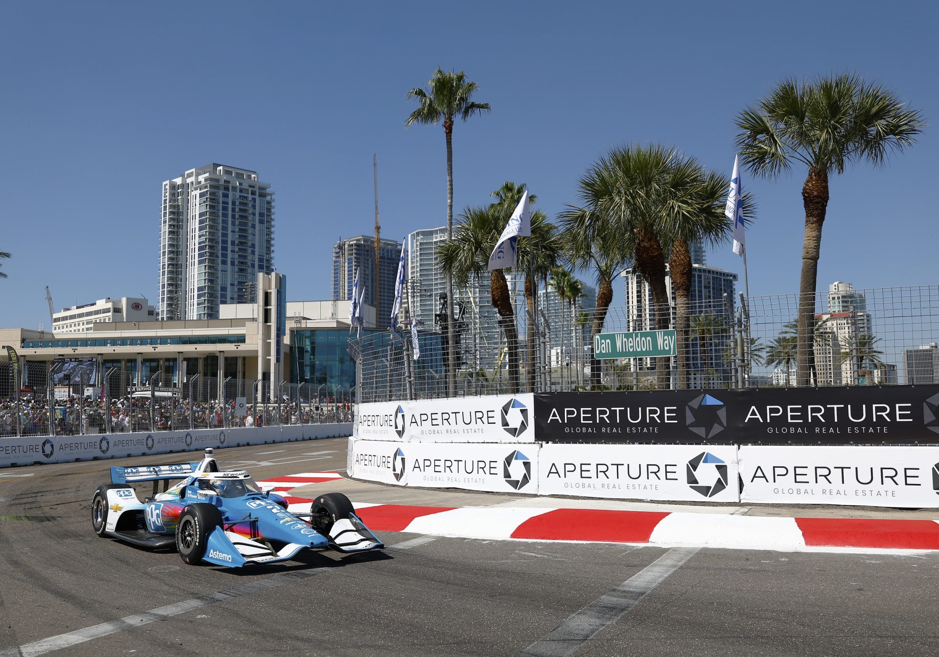 Driver Josef Newgarden (2) of Team Penske goes around turn 10 in the Firestone Grand Prix on the Streets of St. Petersburg.