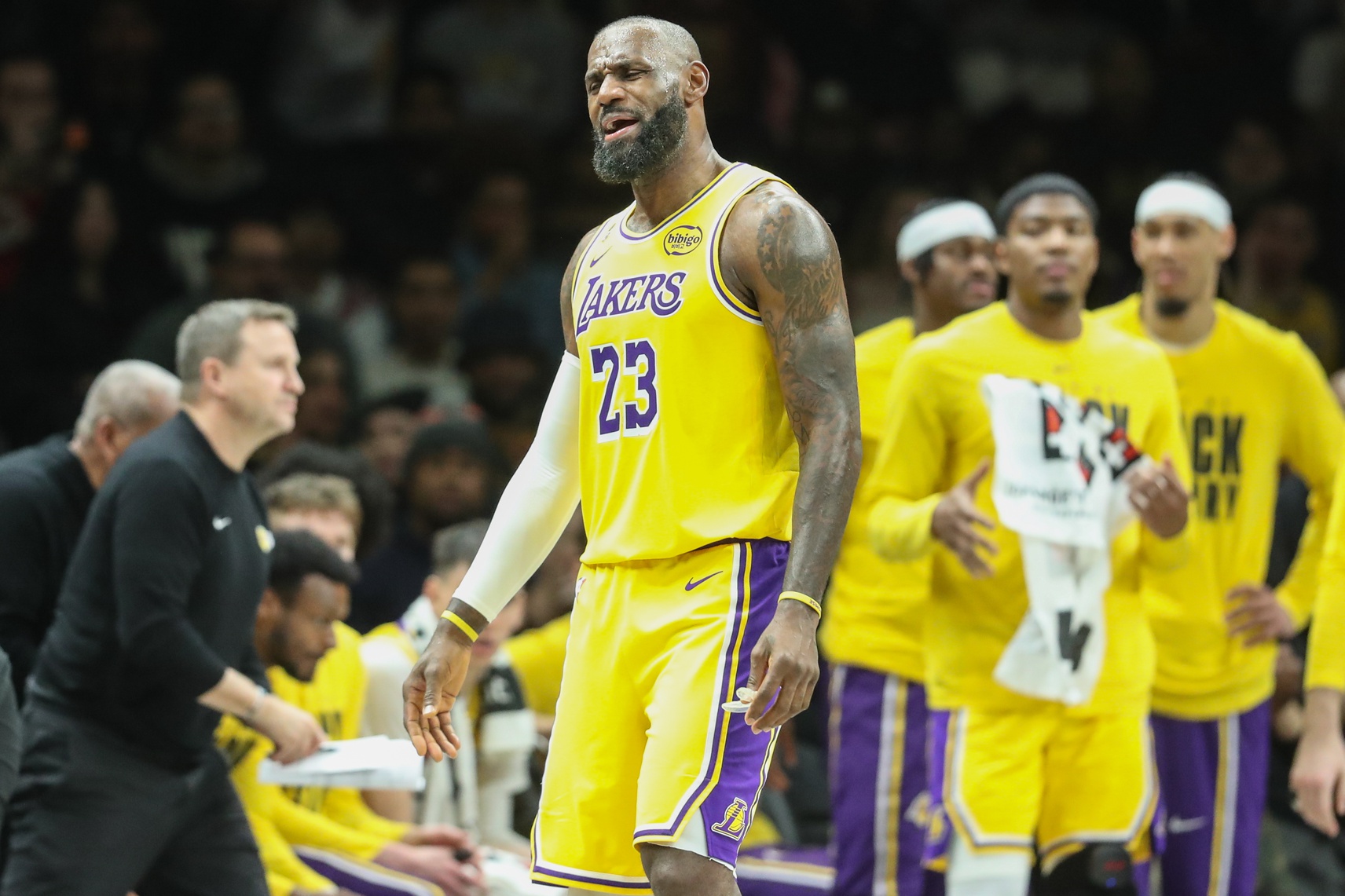 Los Angeles Lakers forward LeBron James (23) reacts to a call in the third quarter against the Brooklyn Nets at Barclays Center.