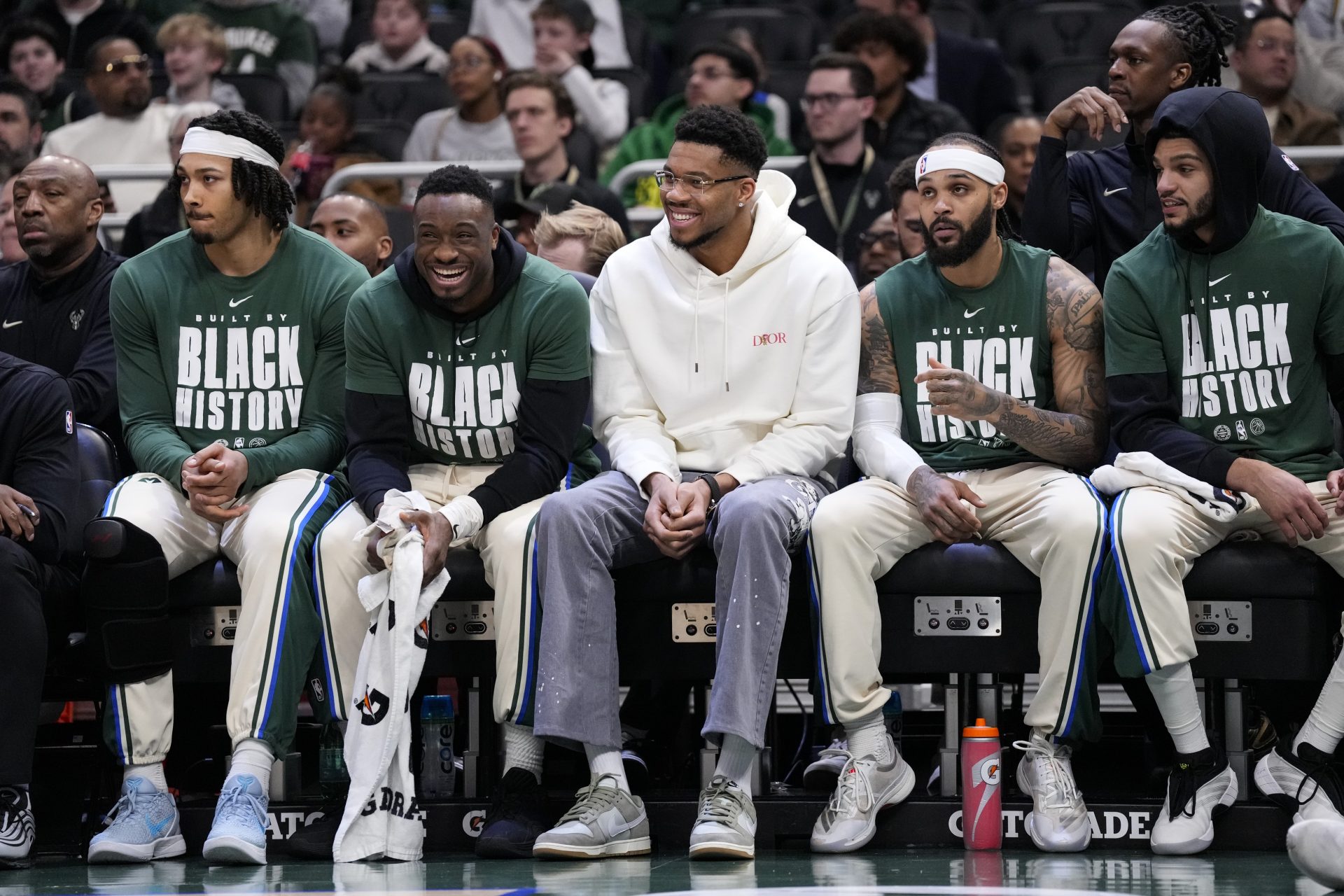 Milwaukee Bucks forward Giannis Antetokounmpo looks on from the bench during the first quarter against the New Orleans Pelicans at Fiserv Forum.