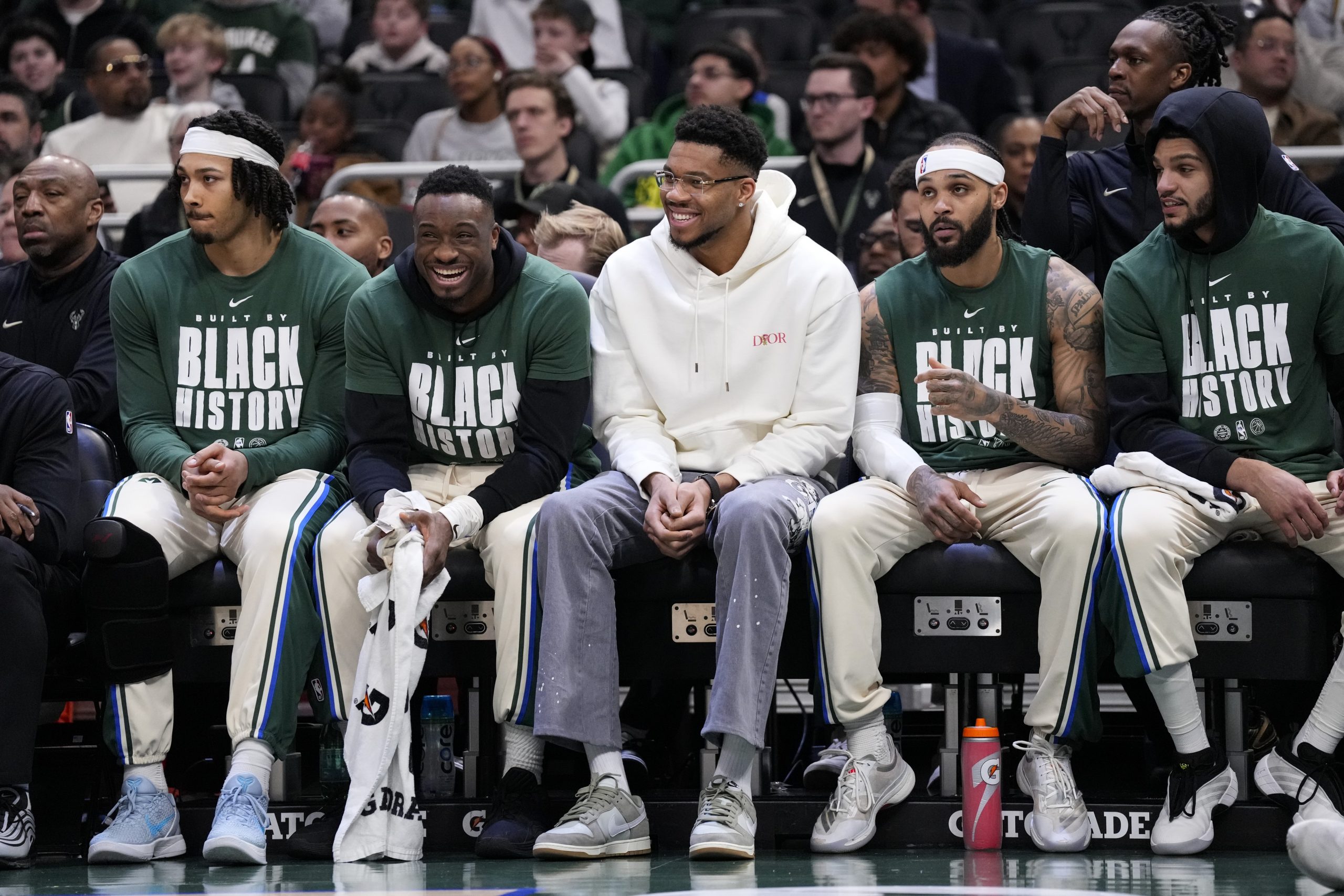 Milwaukee Bucks forward Giannis Antetokounmpo looks on from the bench during the first quarter against the New Orleans Pelicans at Fiserv Forum.