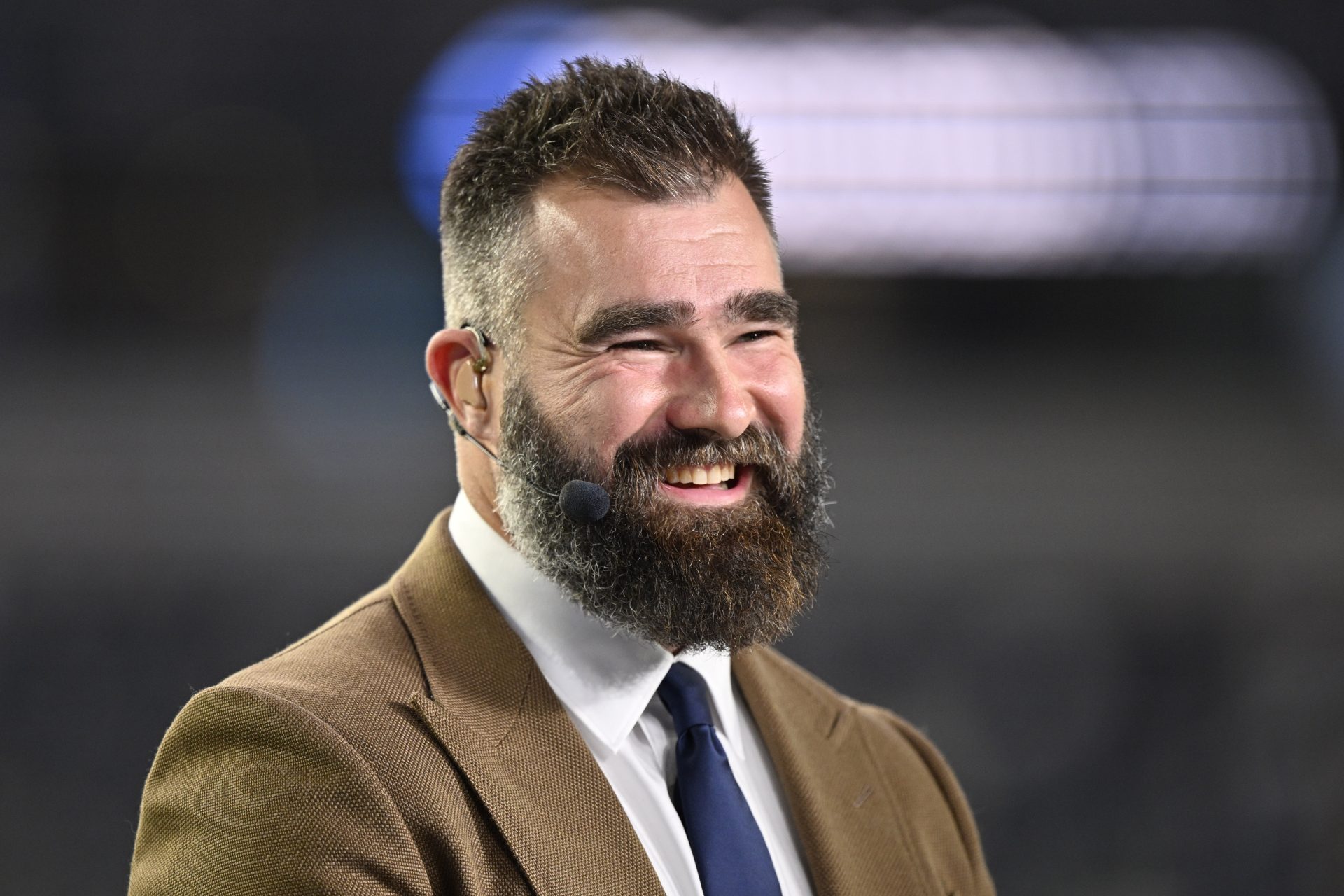 ESPN Monday Night Countdown panelist and former player Jason Kelce speaks before the game between the Dallas Cowboys and the Arizona Cardinals at AT&T Stadium.