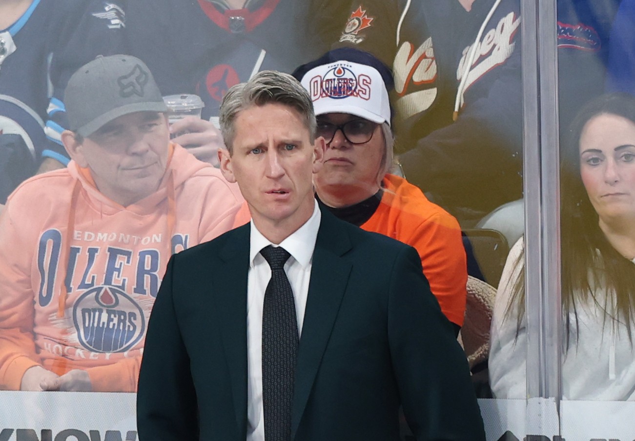 Edmonton Oilers head coach Kris Knoblauch looks on during a game against the Winnipeg Jets in the third period at Canada Life Centre.