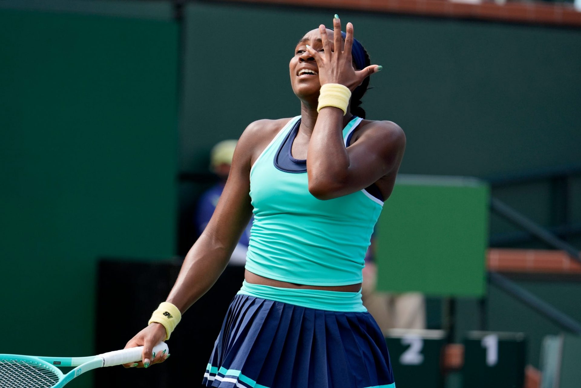 Coco Gauff reacts during the third set of her loss to Belinda Bencic on Stadium 1 at the BNP Paribas Open in Indian Wells, Calif., on Wed., March 12, 2025.
