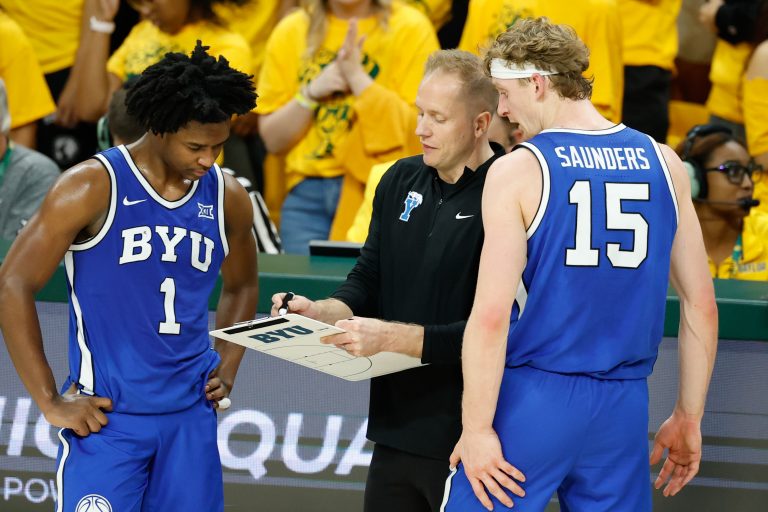 BYU's Kevin Young, Robert Wright III and Richie Saunders during a game vs. Baylor Bears - Source: Imagn