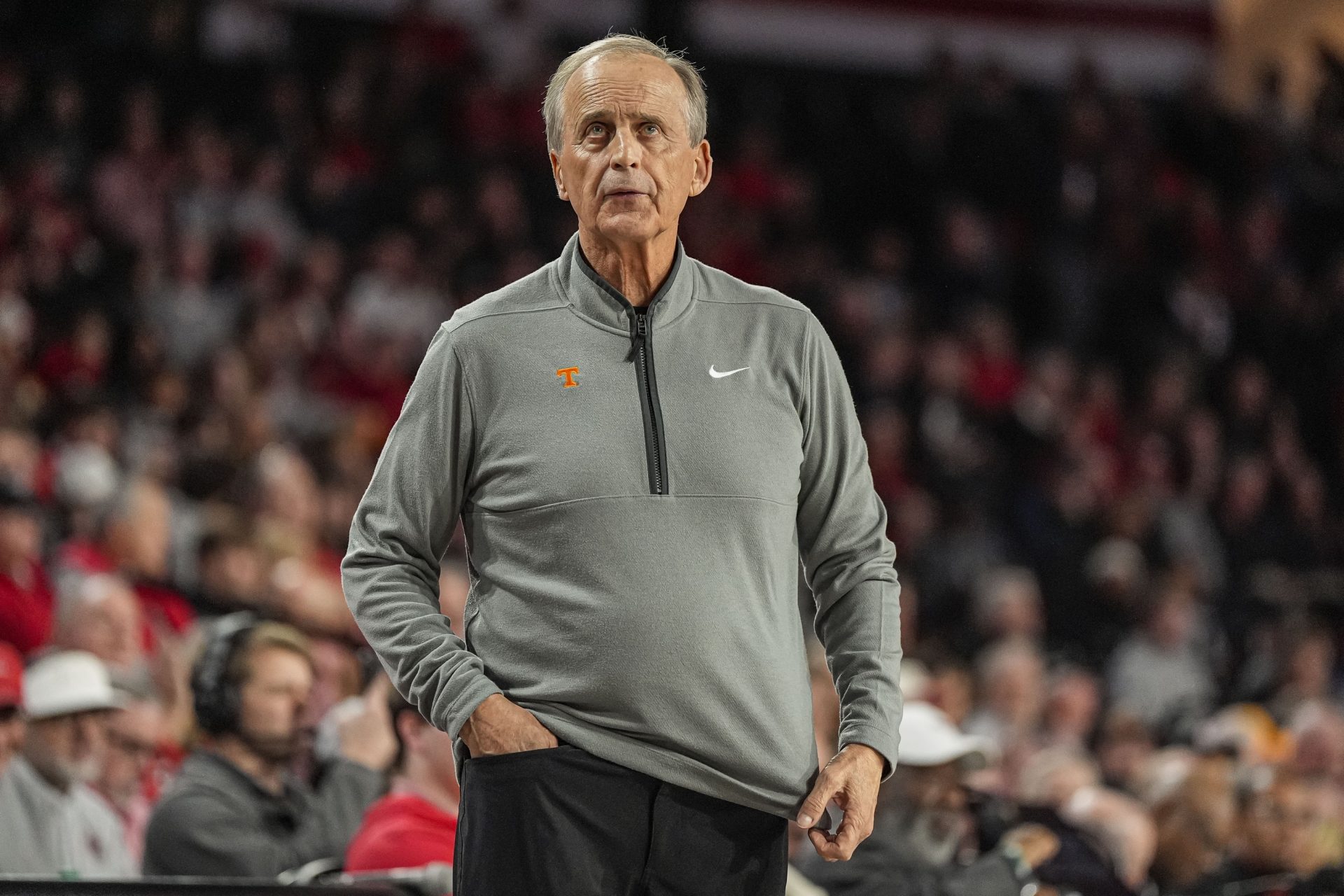 Tennessee Volunteers head coach Rick Barnes reacts on the sideline against the Georgia Bulldogs at Stegeman Coliseum.