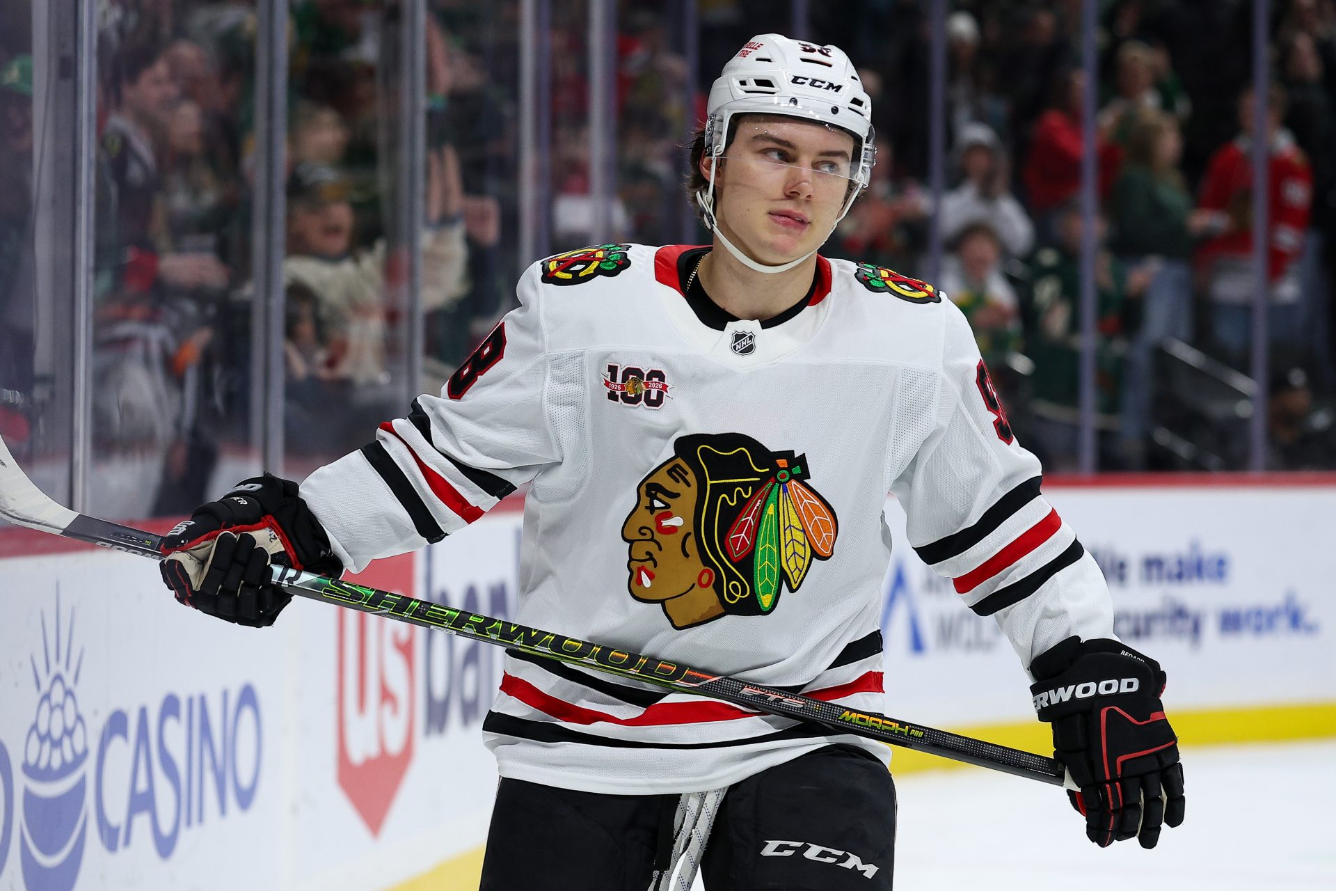Chicago Blackhawks center Connor Bedard (98) reacts to his missed shootout shot against the Minnesota Wild at Grand Casino Arena.