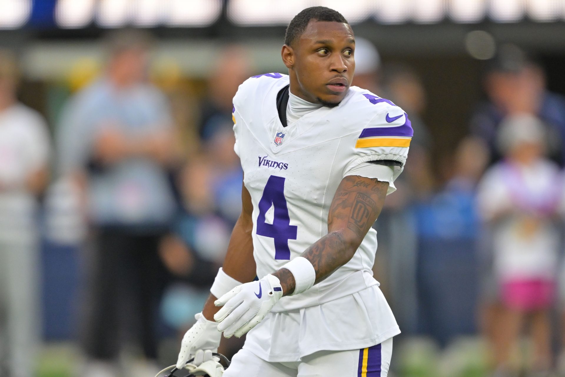 Minnesota Vikings wide receiver Rondale Moore (4) practices before the game against the Los Angeles Chargers at SoFi Stadium.
