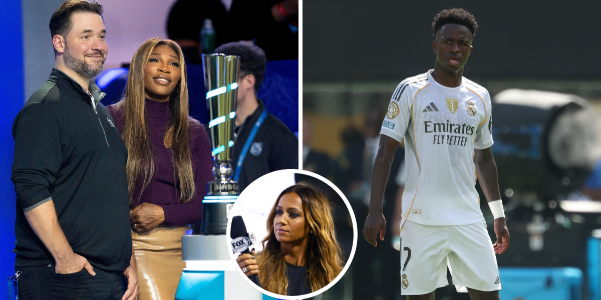 Alexis Ohanian and Serena Williams (L), Vini Jr. (R), and (inset) Kate Scott. (Image credits: Imagn)