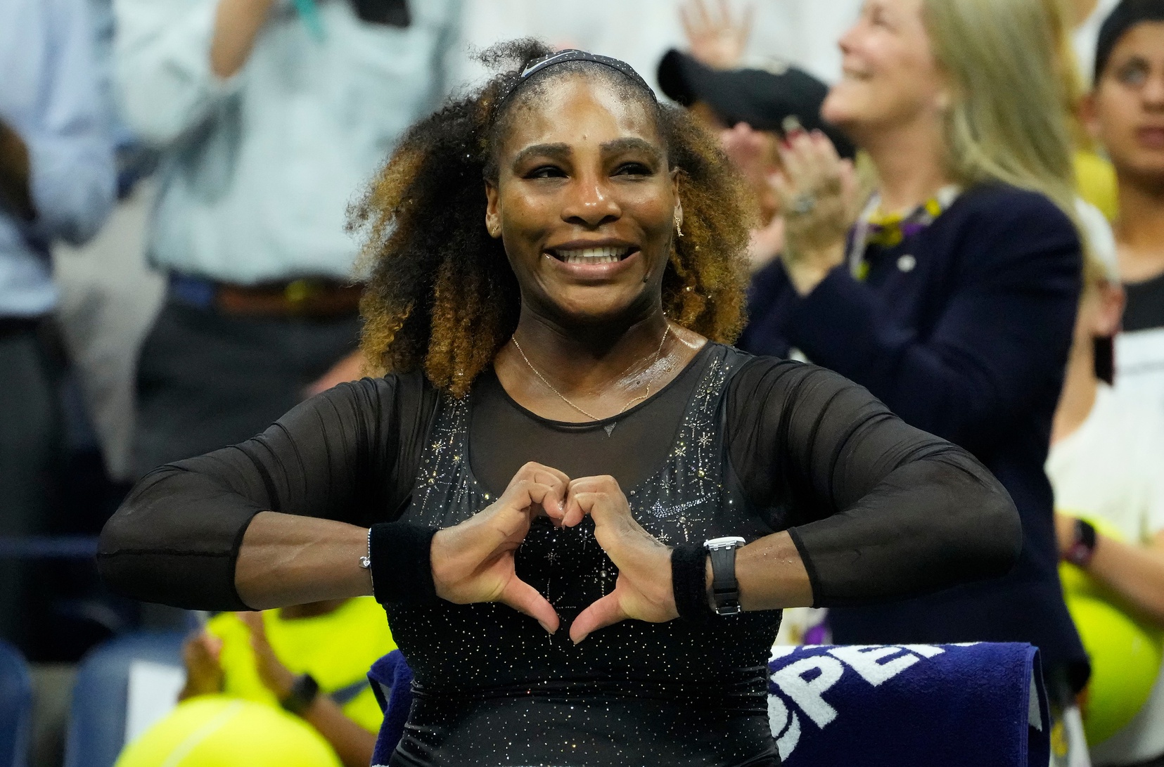 Serena Williams of the USA after beating Danka Kovinic of Montenegro on day one of the 2022 U.S. Open Tennis Tournament at the Billie Jean King National Tennis Center.