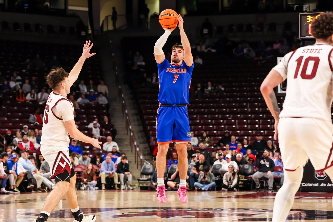 Florida Gators guard Urban Klavzar (7) attempts a three point basket against the South Carolina Gamecocks in the second half at Colonial Life Arena.