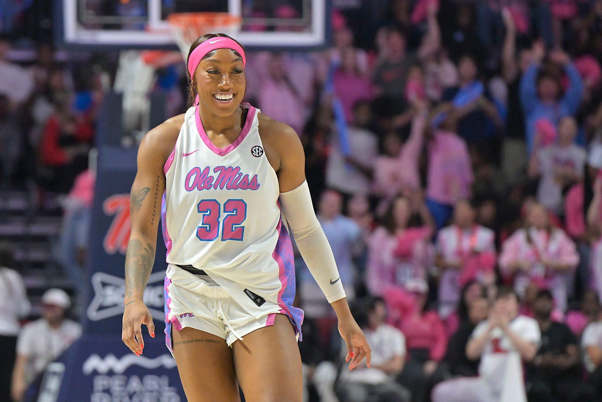 Ole Miss forward Cotie McMahon (32) reacts to making a three-pointer against LSU in a NCAA women’s college basketball game at the Sandy and John Black Pavilion at Ole Miss in Oxford, Miss. on Thursday, Feb. 19, 2026.