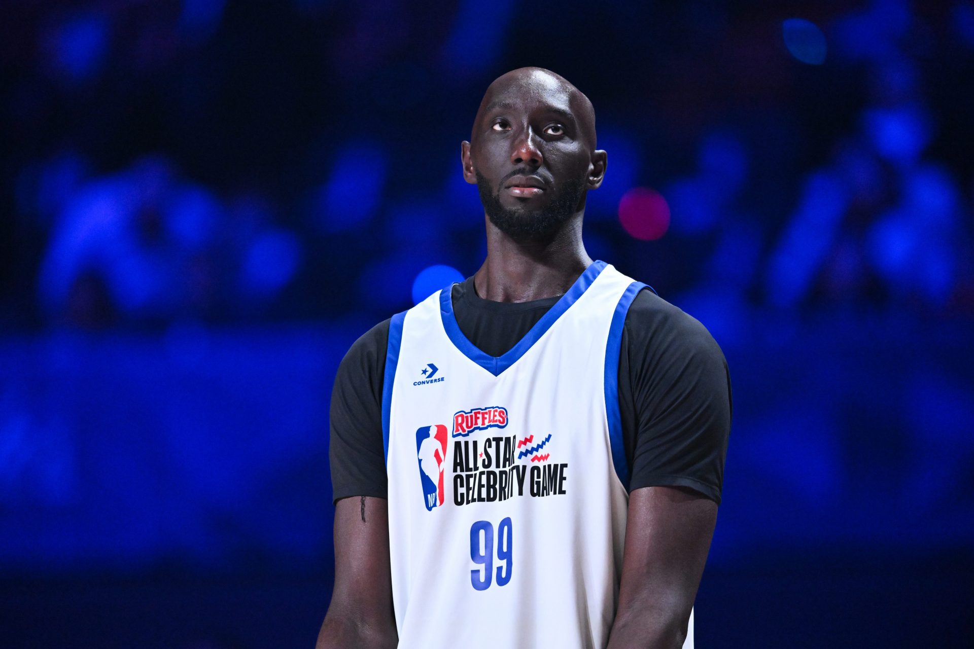 Tacko Fall of Team 1 looks on during the NBA All Star Celebrity Game at Kia Forum.