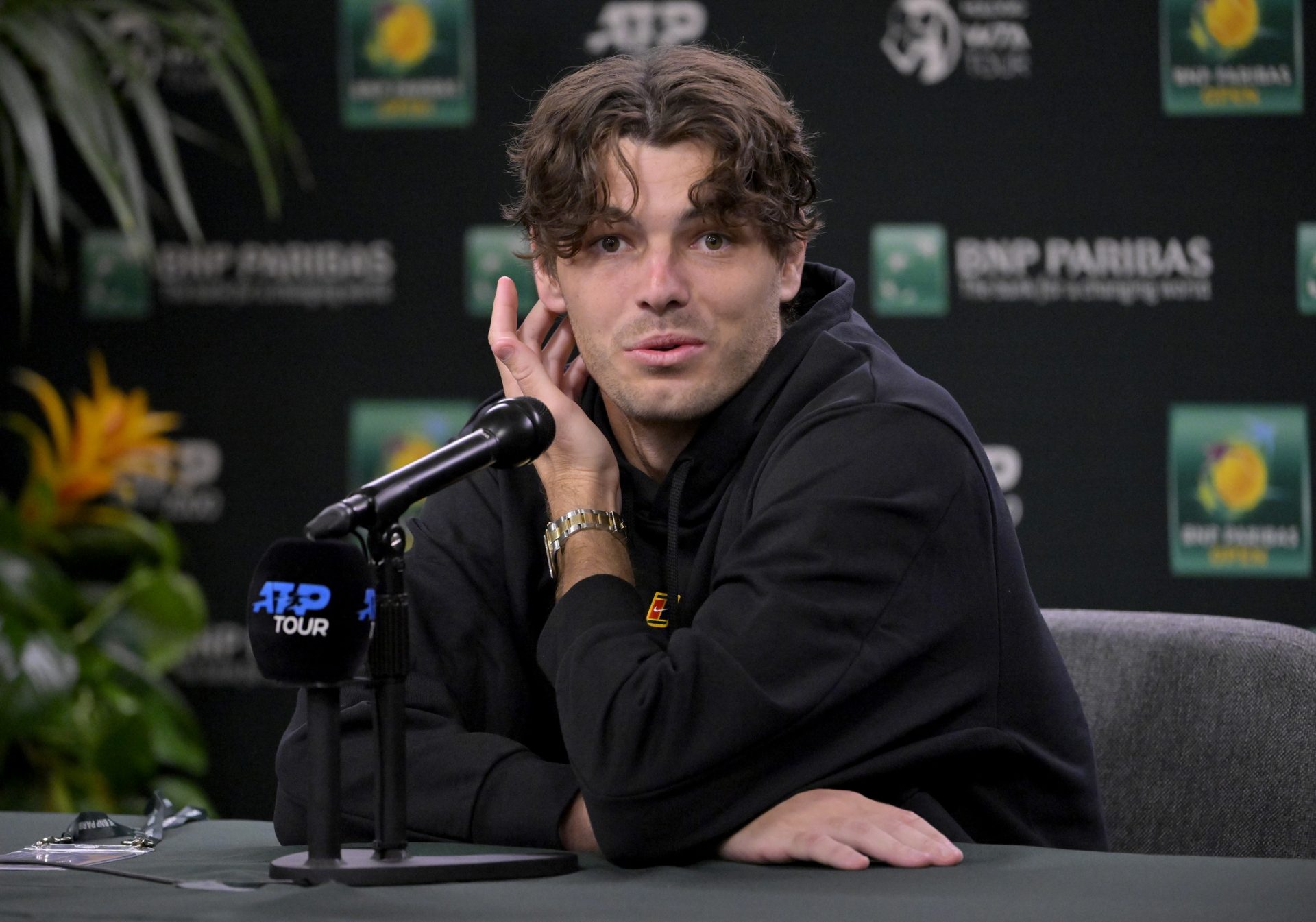 Taylor Fritz (USA) speaks during a news conference at the BNP Paribas Open at the Indian Well Tennis Garden.