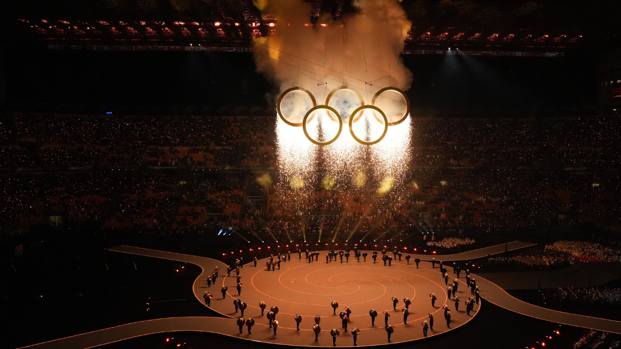 The Olympic rings during the cauldron lighting during the Opening Ceremony for the Milano Cortina 2026 Olympic Winter Games at Milano San Siro Olympic Stadium.