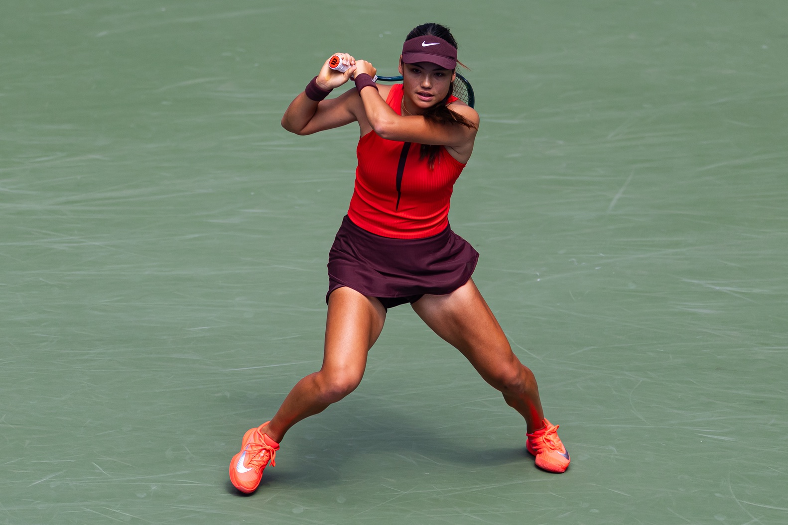 Emma Raducanu of United Kingdom in action against Elena Rybakina of Kazakhstan in the third round of the womens singles at the US Open at Louis Armstrong Stadium in Billie Jean King National Tennis Center.