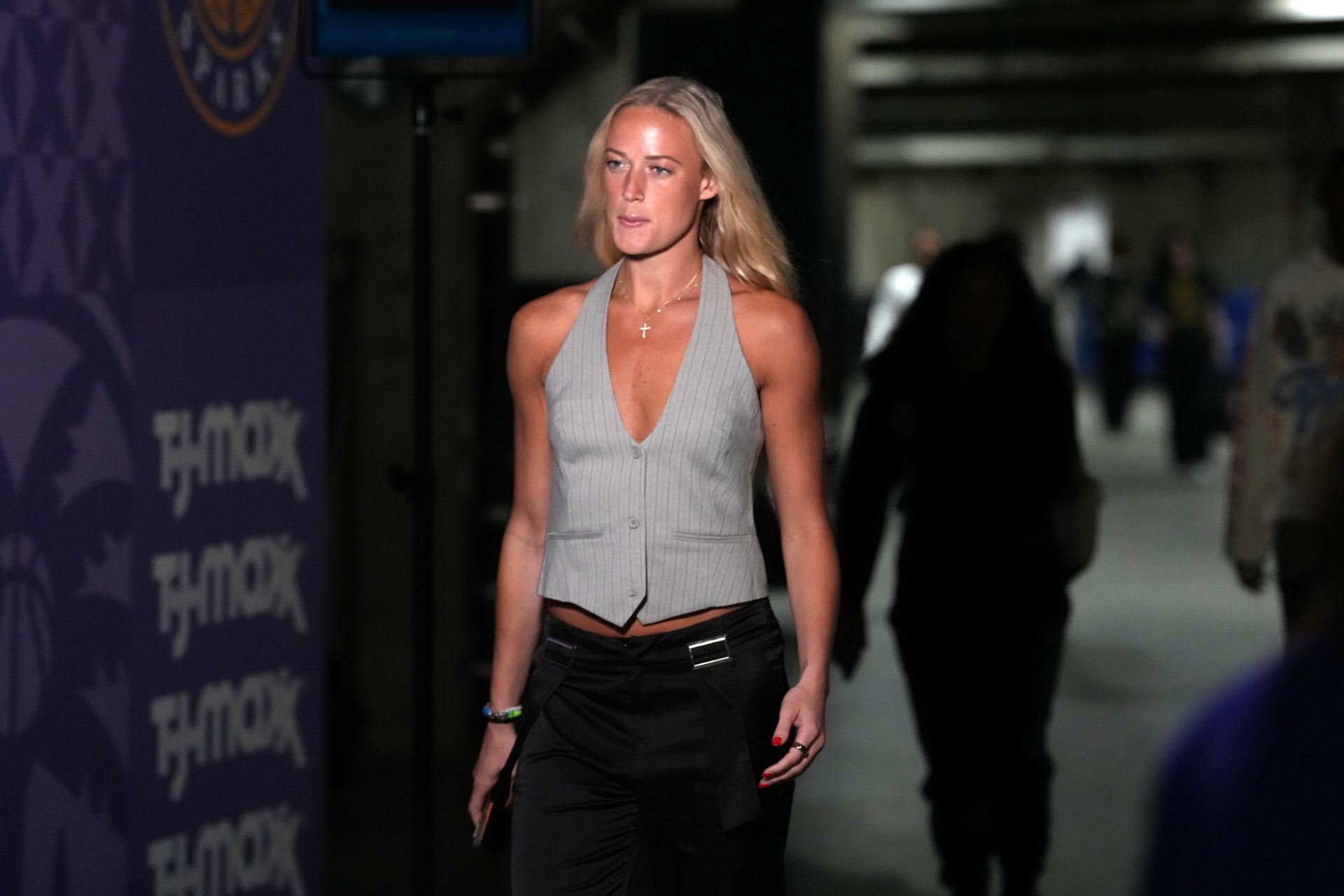 Indiana Fever guard Sophie Cunningham arrives before the game against the LA Sparks at the Crypto.com Arena.