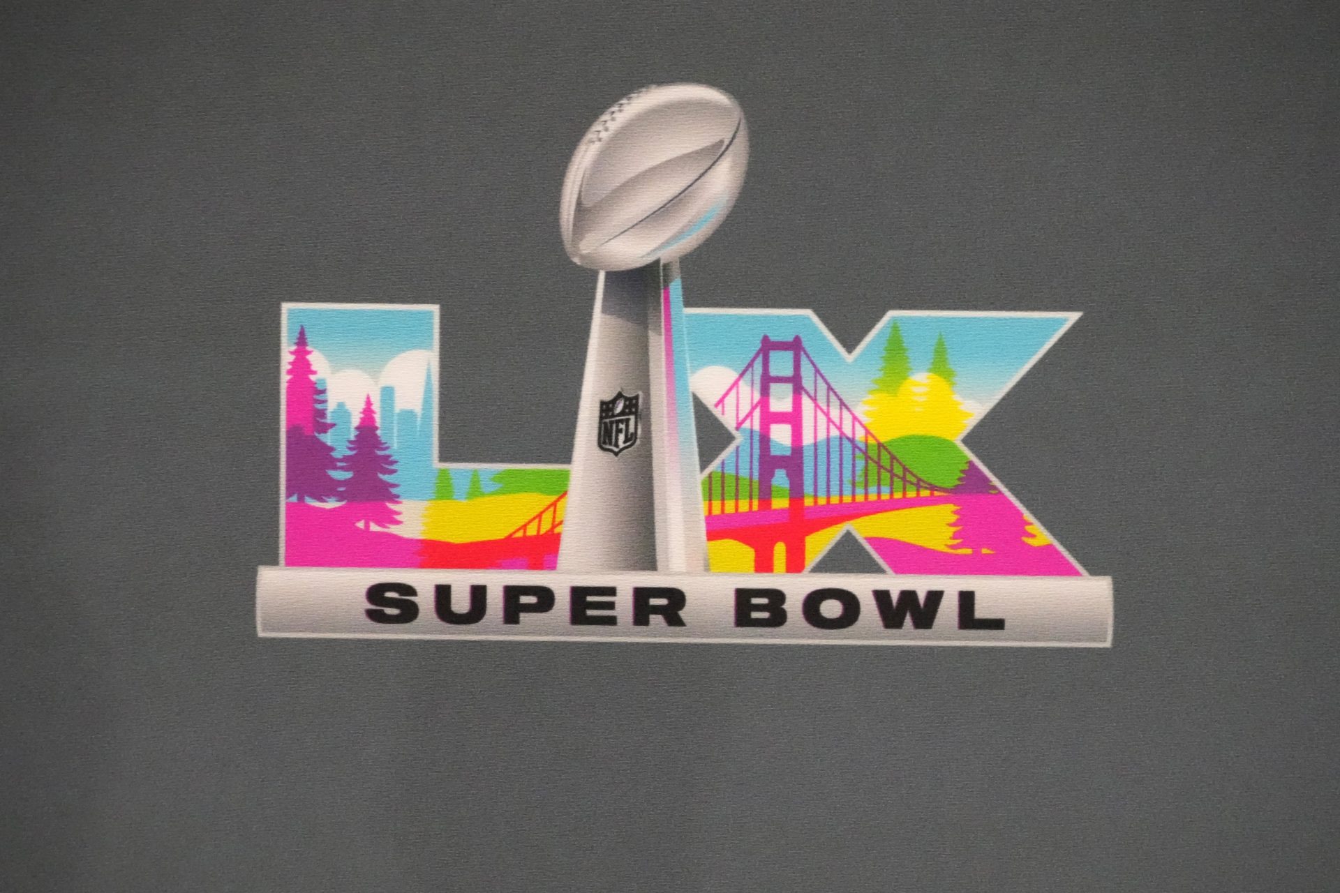 The Super Bowl LX logo at press conference at the San Jose Convention Center.