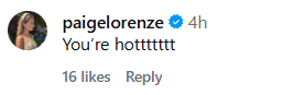 Screenshot of Paige Lorenze's reaction to Tommy Paul's IG post