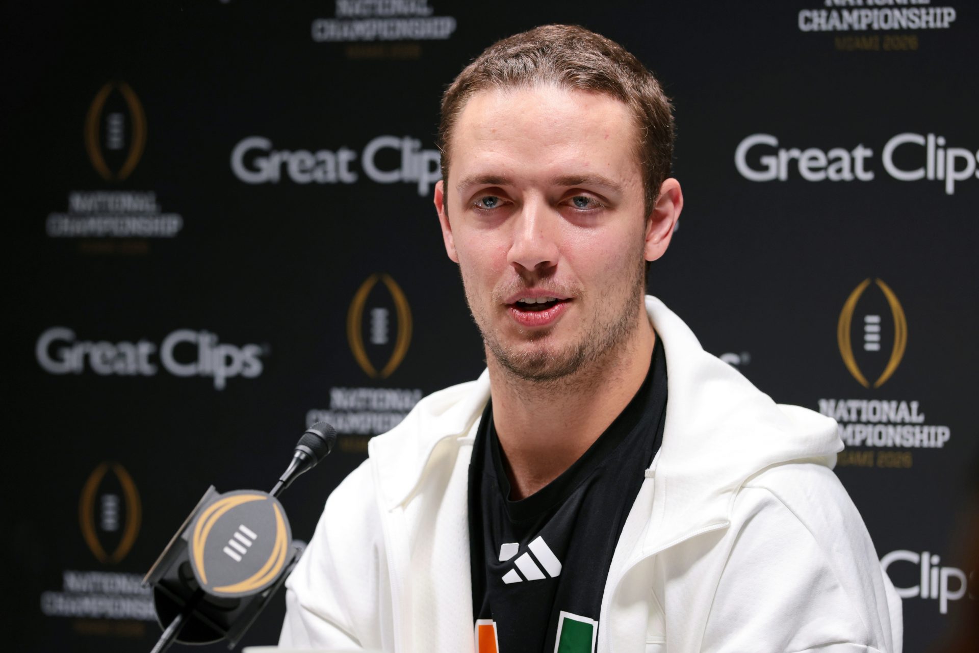 Miami Hurricanes quarterback Carson Beck (11) talks to the media during media day for the 2025 College Football Playoff National Championship at Miami Beach Convention Center.