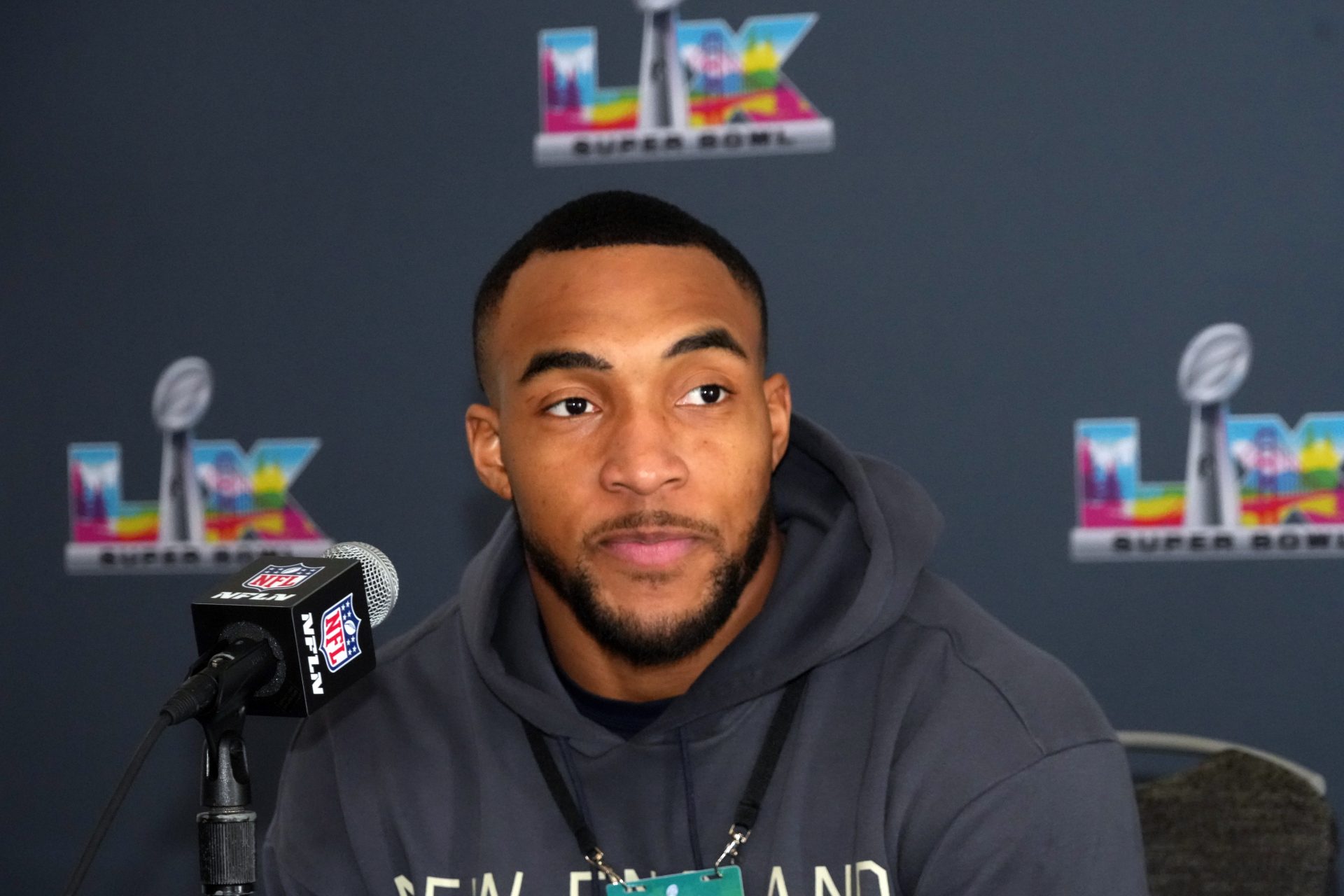 New England Patriots running back Treveyon Henderson speaks to the media during Super Bowl LX press conference at Santa Clara Marriott.