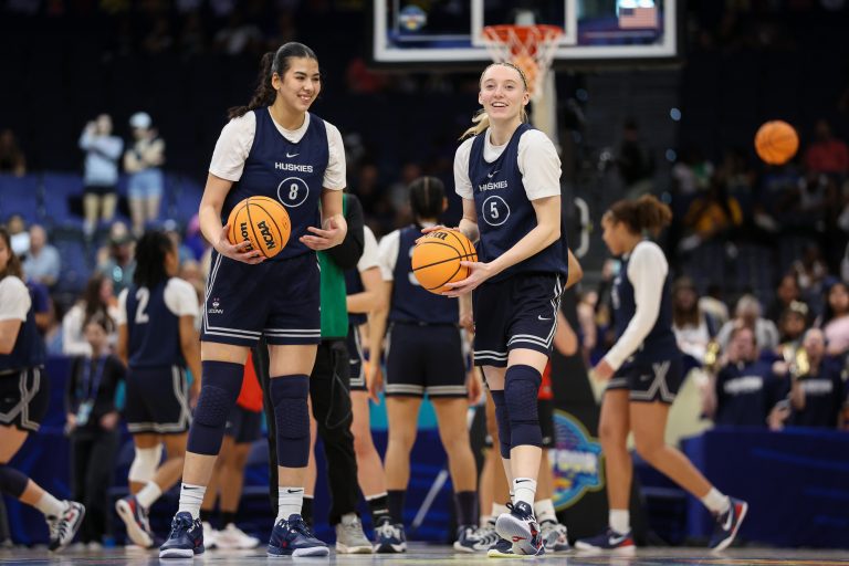UConn Huskies guard Paige Bueckers and center Jana El Alfy practice together - Source: Imagn