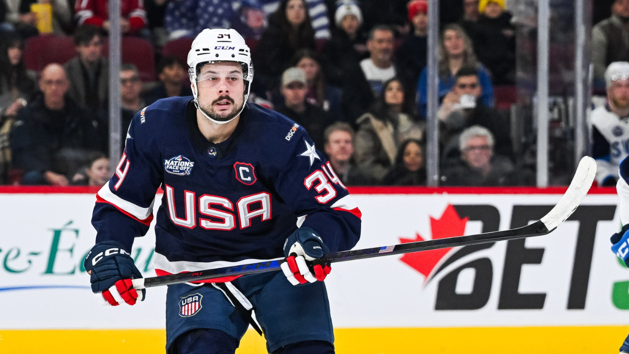 [Imagn Images direct customers only] Team USA forward Auston Matthews (34) looks on against Team Finland in the first period during a 4 Nations Face-Off ice hockey game at Bell Centre.