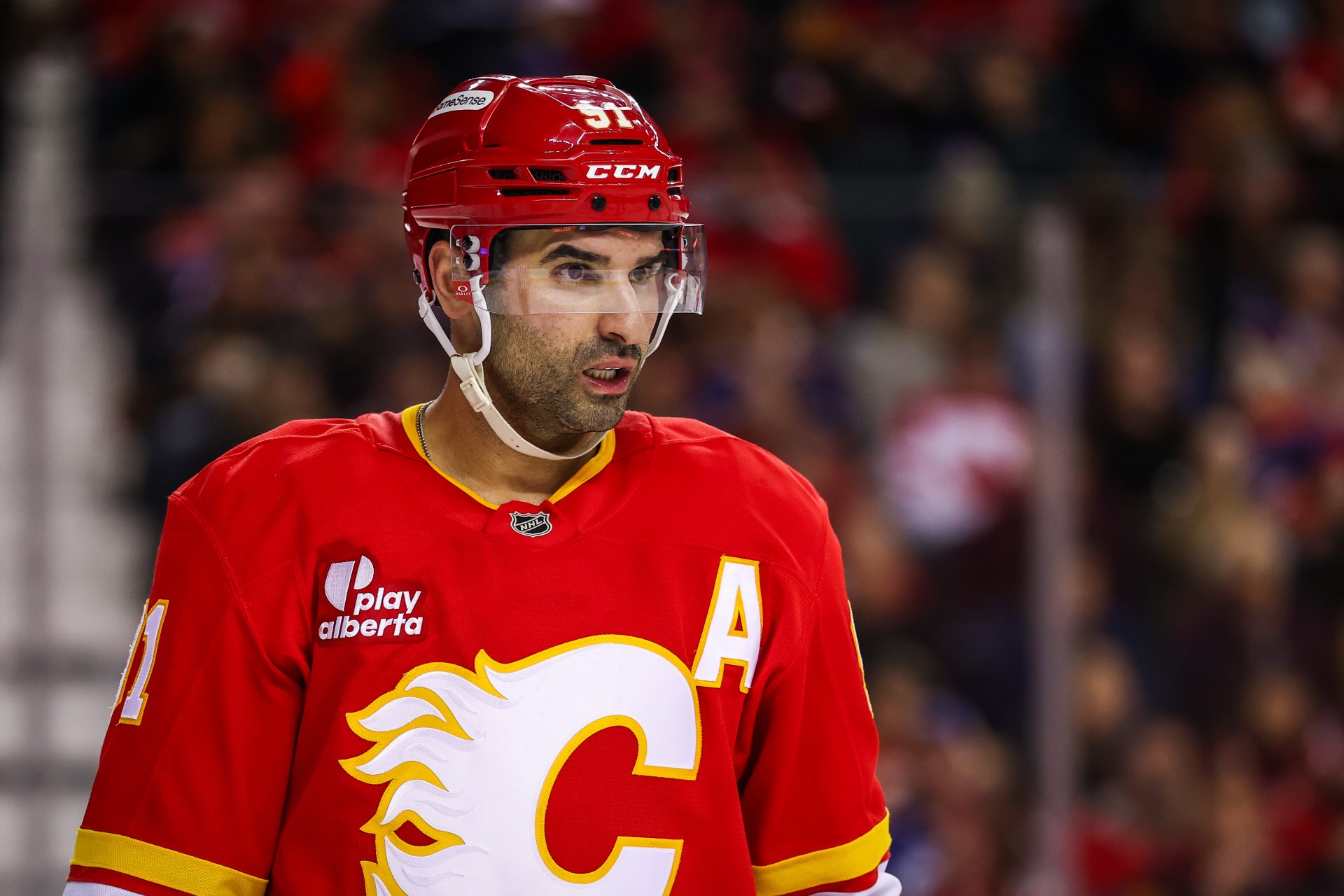 Calgary Flames center Nazem Kadri (91) against the Edmonton Oilers during the second period at Scotiabank Saddledome.